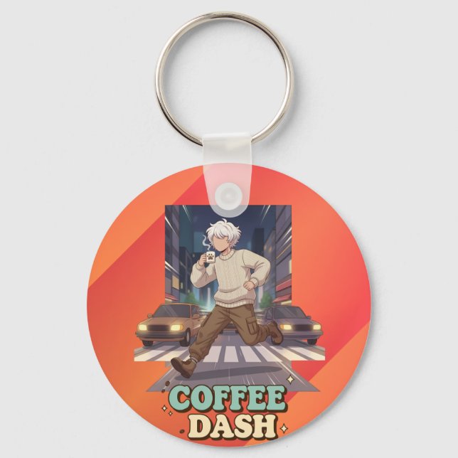 Cute Anime Boy Running in the City with Coffee Keychain (Front)