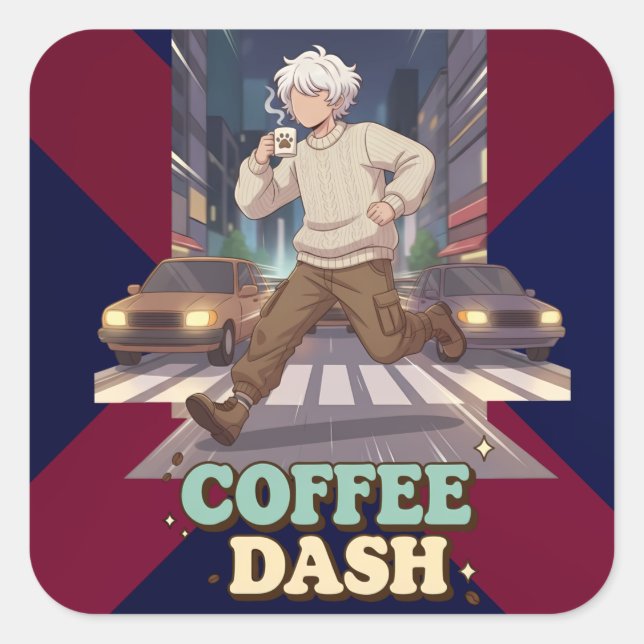 Cute Anime Boy Running in the City with Coffee Square Sticker (Front)