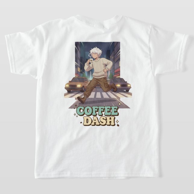 Cute Anime Boy Running in the City with Coffee T-Shirt (Laydown Back)