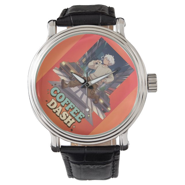 Cute Anime Boy Running in the City with Coffee Watch (Front)