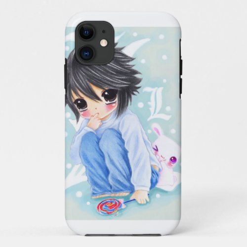 Cute anime boy with lollipop and kawaii bunny iPhone 11 case