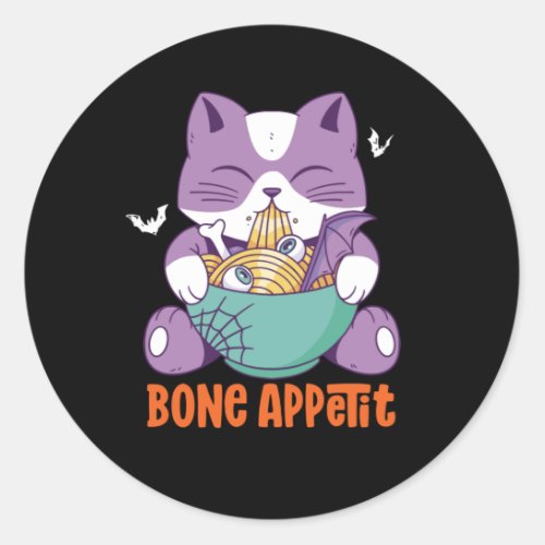 Cute Anime Cat Eat Ramen Bon Appetit Halloween Classic Round Sticker