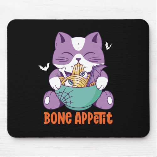 Cute Anime Cat Eat Ramen Bon Appetit Halloween Mouse Pad