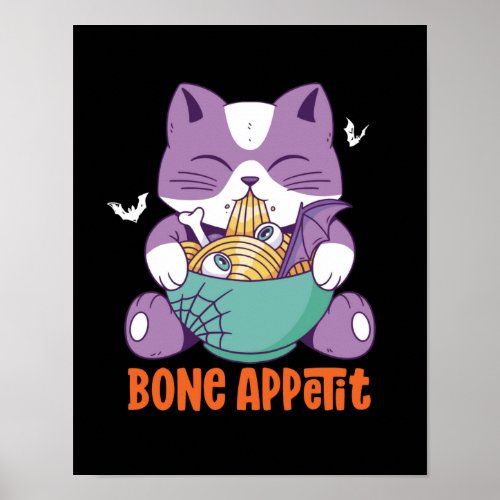 Cute Anime Cat Eat Ramen Bon Appetit Halloween Poster