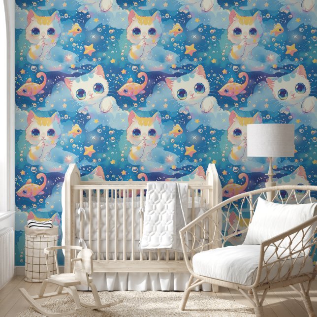 Cute Anime Cat Fish Stars Pattern Wallpaper (Kids)