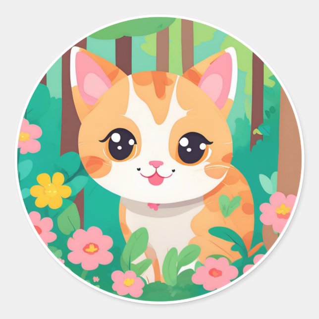 cute anime cat with flowers classic round sticker (Front)