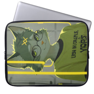 Cute Anime Cat with Glasses Lime Green Graphic Laptop Sleeve