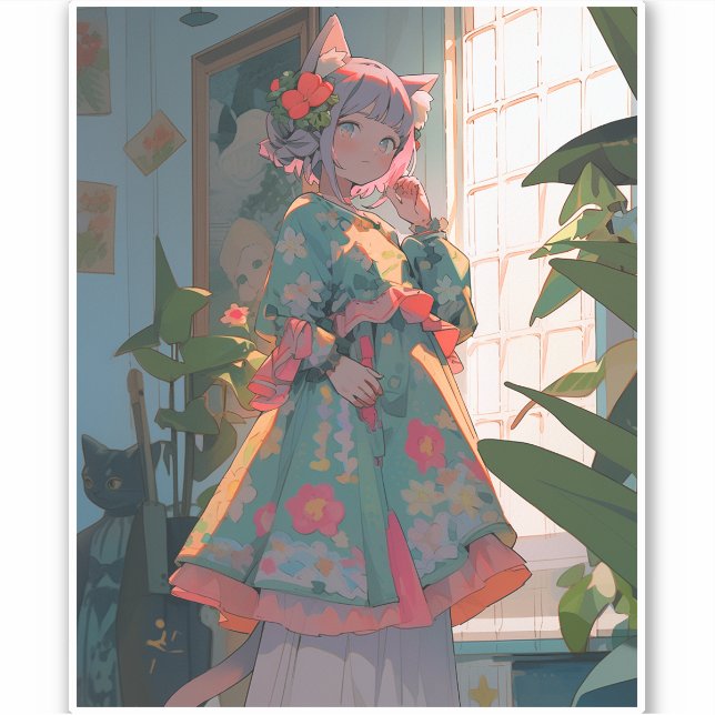 Cute Anime Catgirl Sticker (Front)