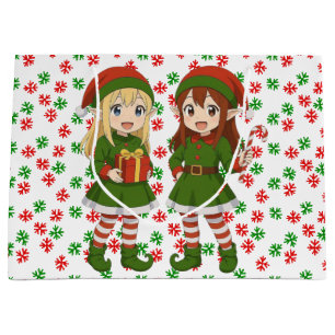 Cute anime Christmas elves Large Gift Bag
