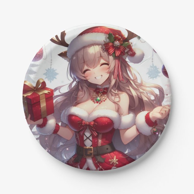 Cute anime Christmas girl Paper Plates (Front)