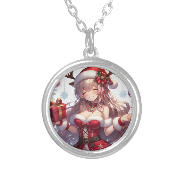 Cute anime Christmas girl Silver Plated Necklace (Front)