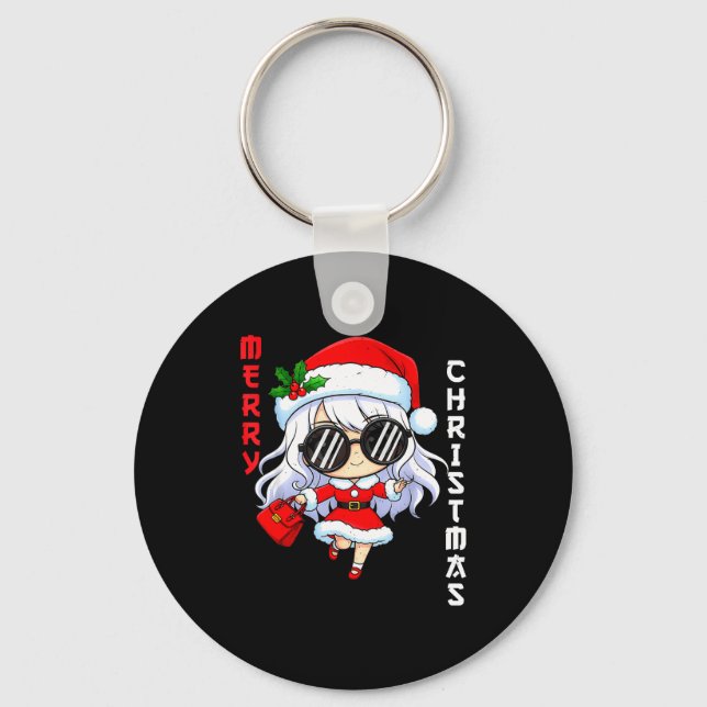 Cute Anime Christmas Pajama Outfit Funny Holiday F Keychain (Front)