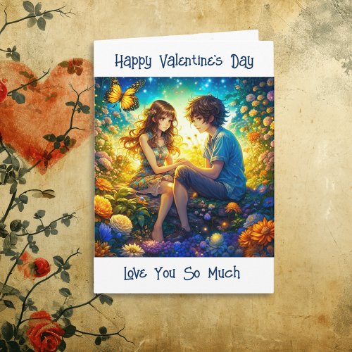 Cute Anime Couple and Butterfly Valentines Day Card