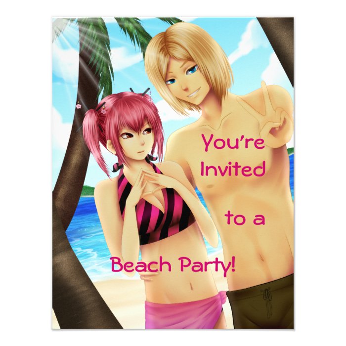 Cute anime couple beach party invitations