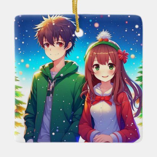 Cute Anime Couple Christmas Ceramic Ornament