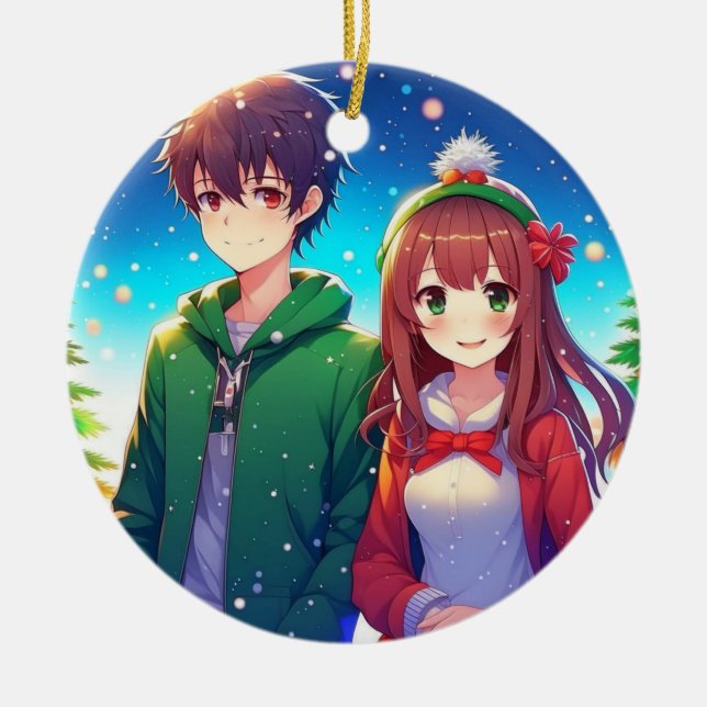 Cute Anime Couple Christmas Ceramic Ornament (Front)