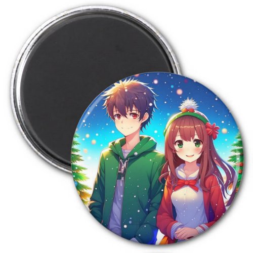 Cute Anime Couple Christmas Magnet