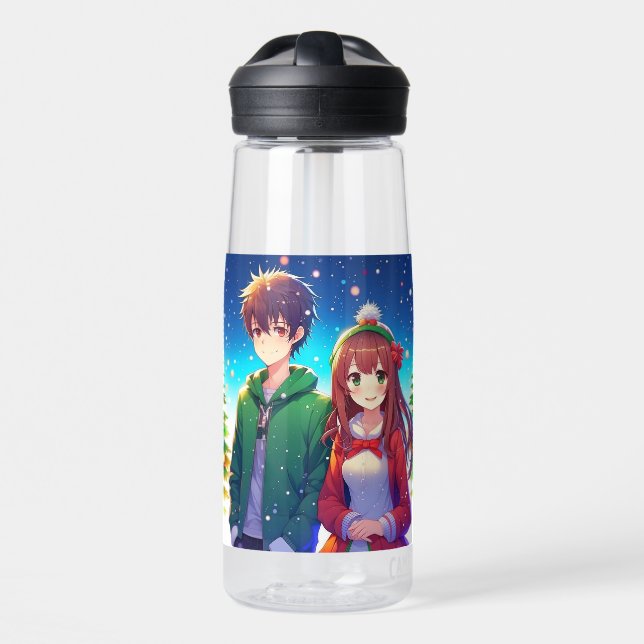 Cute Anime Couple Christmas Water Bottle (Front)