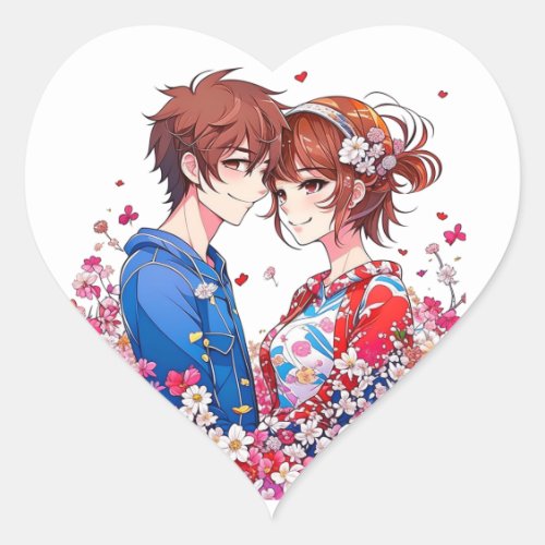 Cute Anime Couple Cuddling Heart Sticker