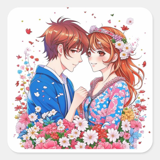 Cute Anime Couple Cuddling Square Sticker (Front)