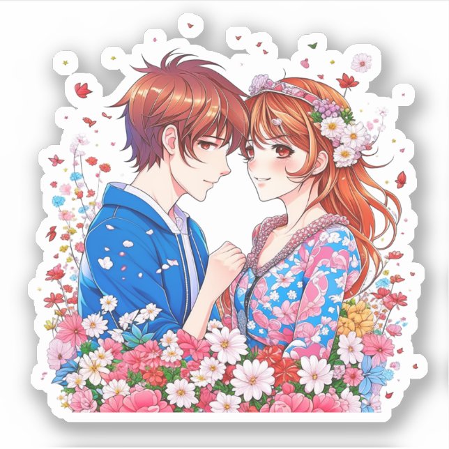 Cute Anime Couple Cuddling Sticker (Front)