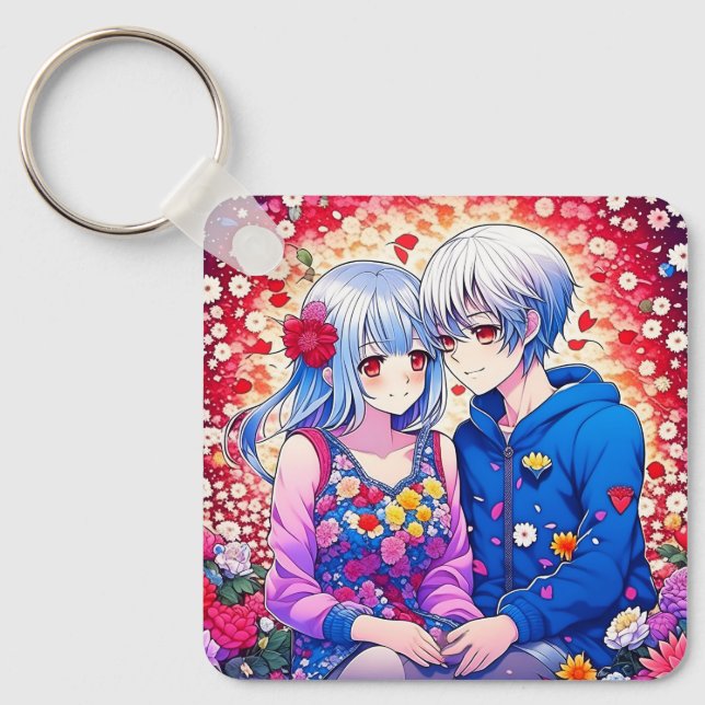 Cute Anime Couple, Flowers and Heart Personalized Keychain (Front)