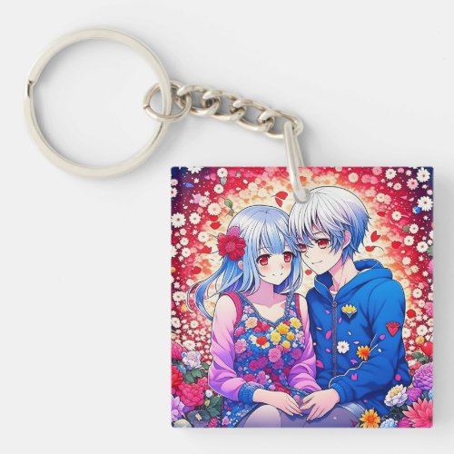Cute Anime Couple Flowers and Heart Personalized Keychain