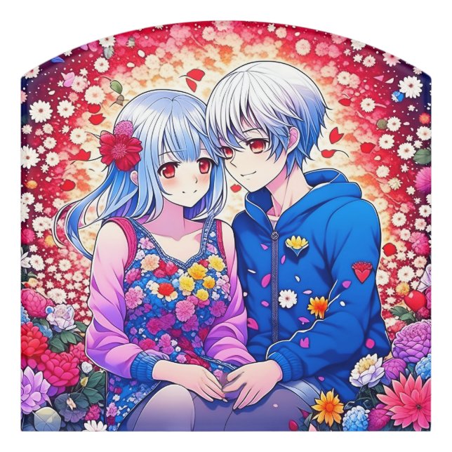 Cute Anime Couple, Flowers and Hearts  Door Sign (Contour Front)