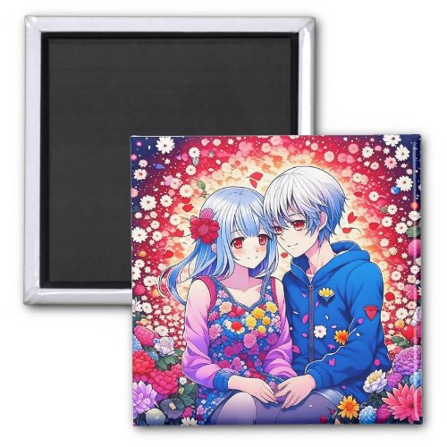 Cute Anime Couple Flowers and Hearts Magnet