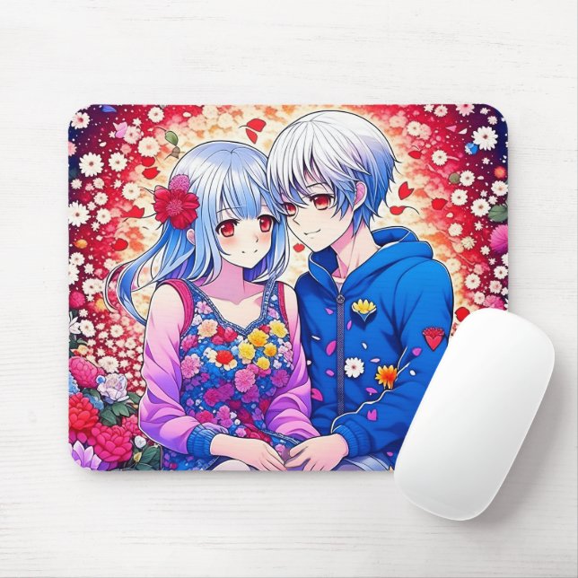 Cute Anime Couple, Flowers and Hearts  Mouse Pad (With Mouse)