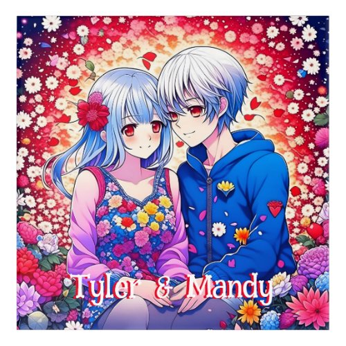 Cute Anime Couple Flowers and Hearts Personalized Acrylic Print