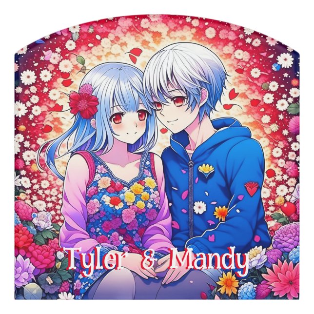 Cute Anime Couple, Flowers and Hearts Personalized Door Sign (Contour Front)