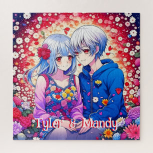 Cute Anime Couple, Flowers and Hearts Personalized Jigsaw Puzzle