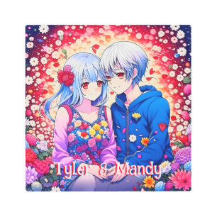 Cute Anime Couple, Flowers and Hearts Personalized Metal Print