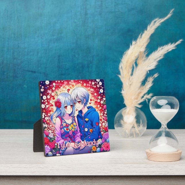 Cute Anime Couple, Flowers and Hearts Personalized Plaque (Insitu)