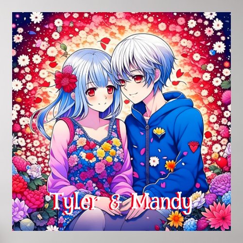 Cute Anime Couple Flowers and Hearts Personalized Poster