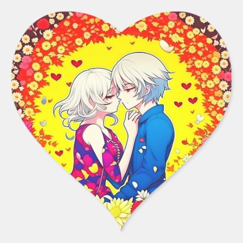 Cute Anime Couple Hearts and Flowers Heart Sticker