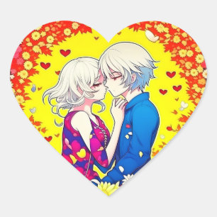 Cute Anime Couple, Hearts and Flowers Heart Sticker