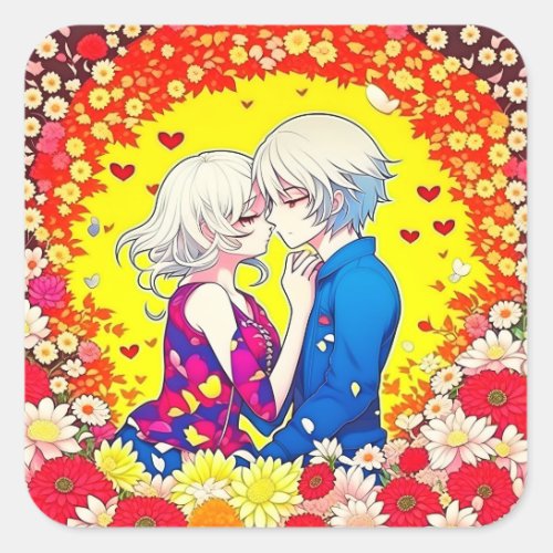 Cute Anime Couple Hearts and Flowers Square Sticker
