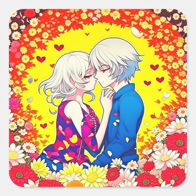 Cute Anime Couple, Hearts and Flowers Square Sticker (Front)