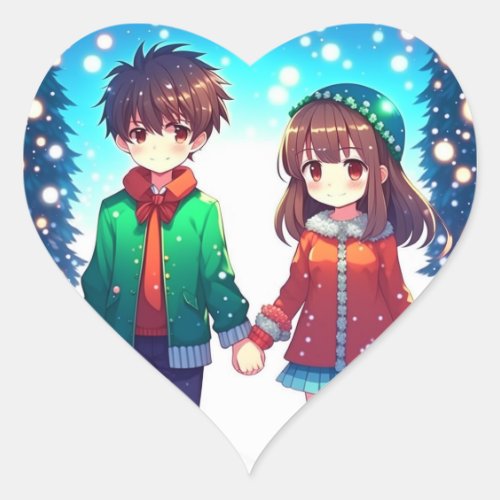 Cute Anime Couple Holding Hands Christmas Heart Sticker