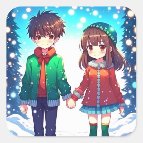 Cute Anime Couple Holding Hands Christmas Square Sticker