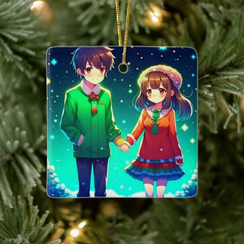 Cute Anime Couple Holding Hands Personalized  Ceramic Ornament