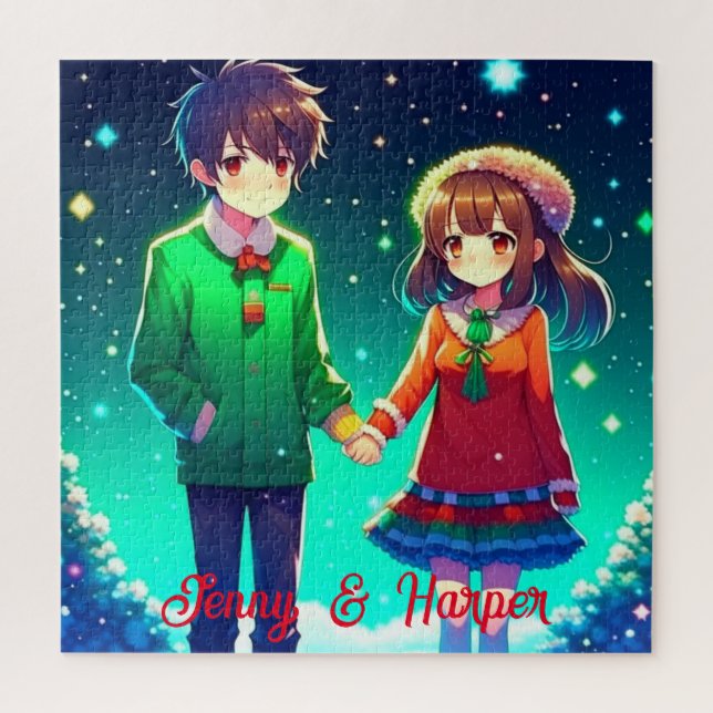Cute Anime Couple Holding Hands Personalized  Jigsaw Puzzle (Vertical)