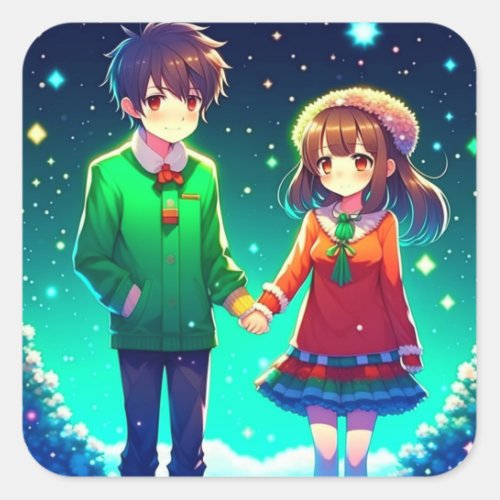 Cute Anime Couple Holding Hands Personalized  Square Sticker