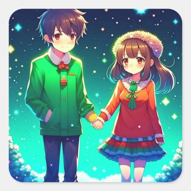 Cute Anime Couple Holding Hands Personalized  Square Sticker (Front)