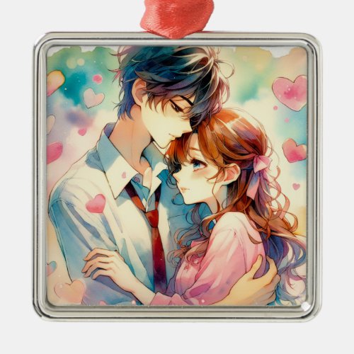 Cute Anime Couple in Love Christmas Metal Ornament