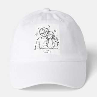 Cute Anime Couple Line Art Embroidered White Baseb Hat