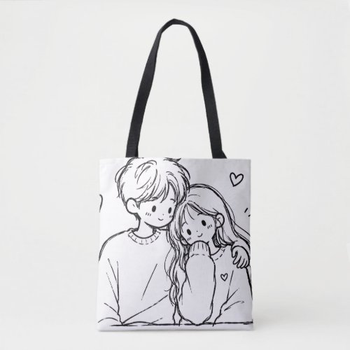 Cute Anime Couple Line Art Tote Bag