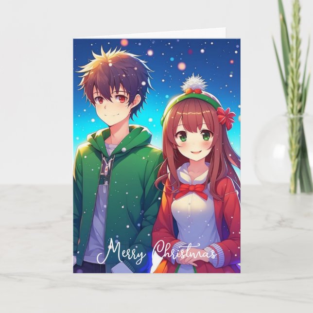 Cute Anime Couple | Merry Christmas from Us Card (Front)